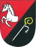 znak Vejprnice z roku 2011 - v červeno-černě šikmo děleném štítě nahoře půl stříbrného koně, dole šikmo stříbrná berla se sudariem, zlatou hlavicí a hrotem.jpg